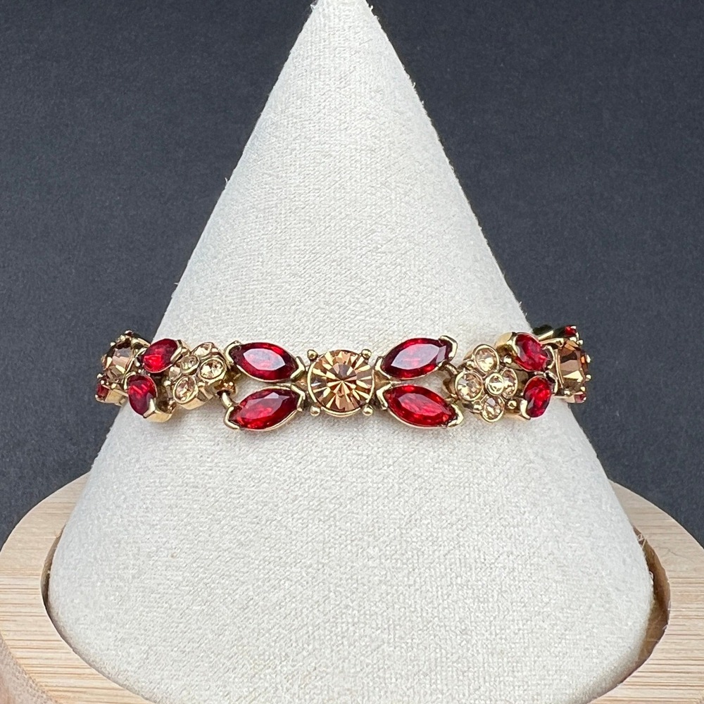 Vintage Monet Rhinestone Tennis Bracelet Gold Tone Red Signed 7.5"